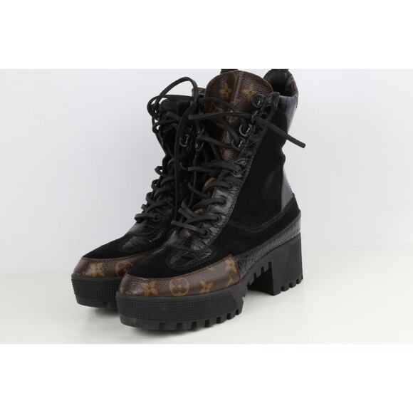 LOUIS VUITTON Boots Suede Monogram Laureate Platform Lace Desert Combat Size 37 - Picture 11 of 16
